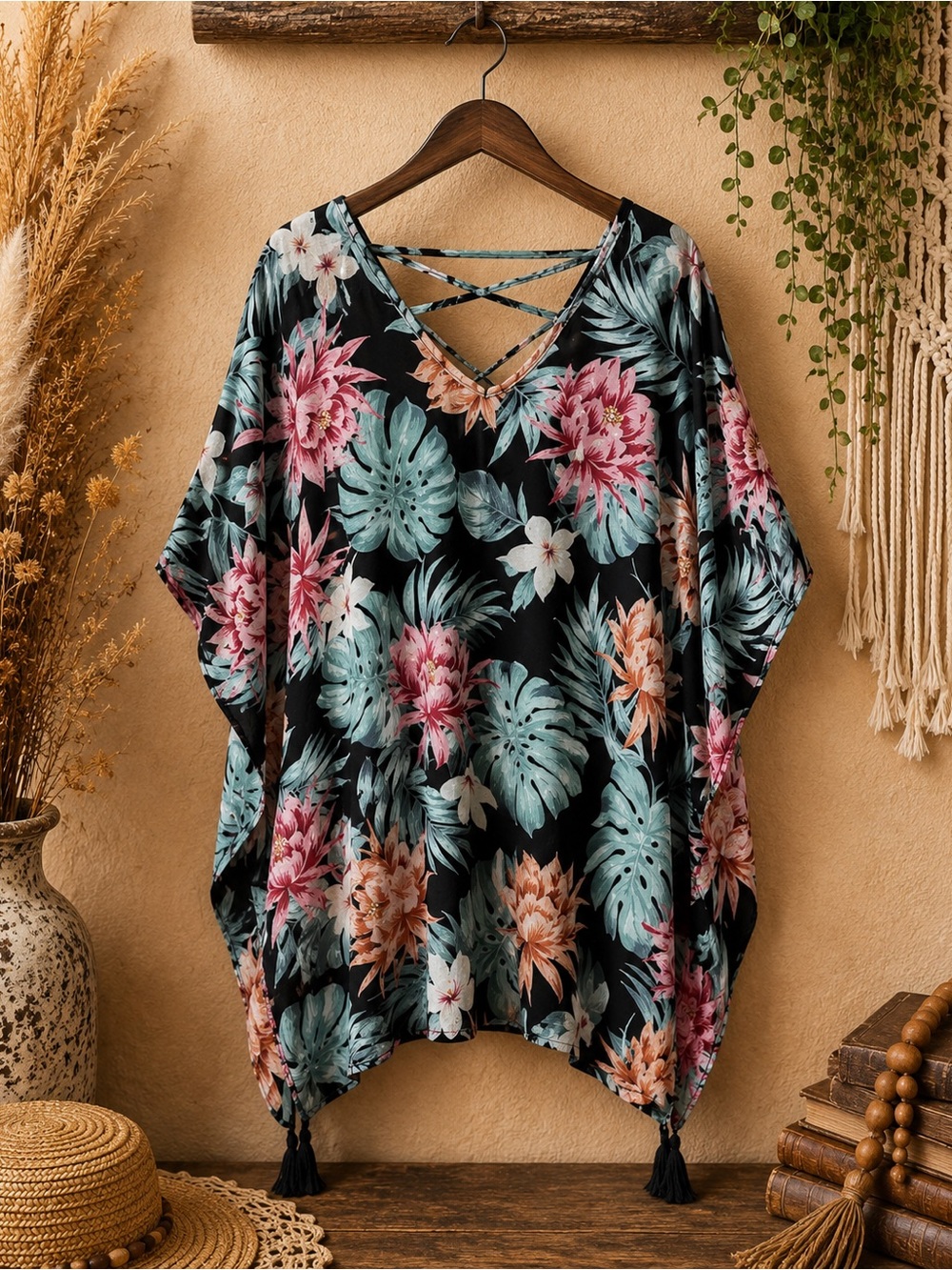 Kona Sol Tropical Swimsuit‎ Coverup Kimono Large Top Boho  Beach Caftan Wear
